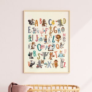 DIGITALE afdrukbare alfabetposter met schattige dieren voor kinderkamer en kinderdagverblijven, speelkamerkunstprint digitale download alfabetprint