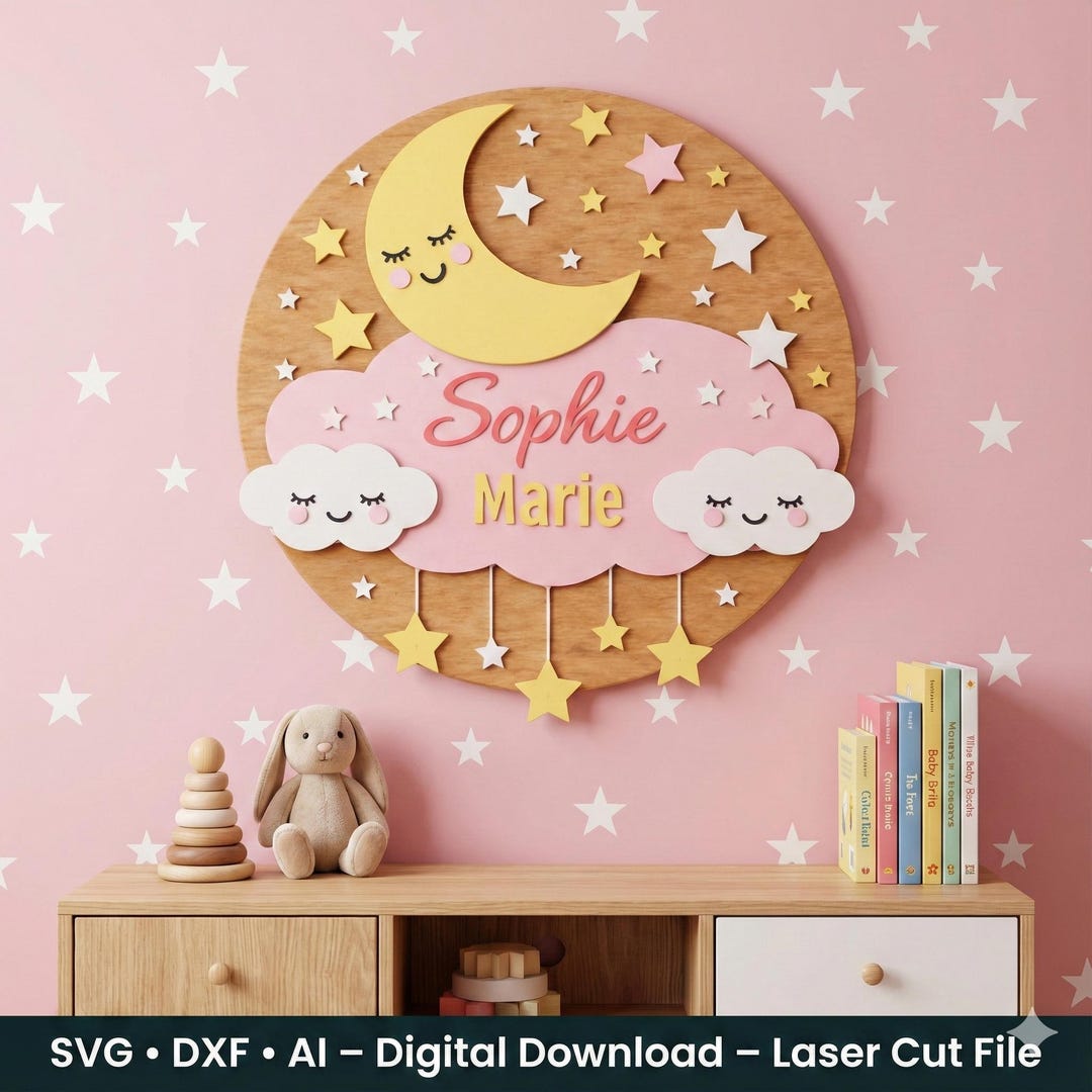 Nursery Name Sign Laser Cut File • Moon Cloud Stars • Girl/pink • SVG ...