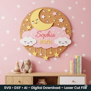 Nursery Name Sign Laser Cut File • Moon Cloud Stars • Girl/Pink • SVG DXF AI Download • Baby Nursery • Glowforge xTool LightBurn