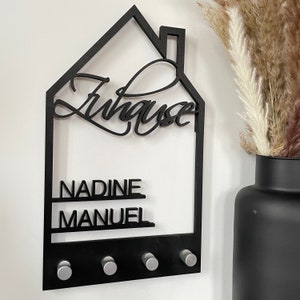 Personalized black wooden house-shaped key holder | Decorative wall housewarming gift door sign family birthday gift wedding