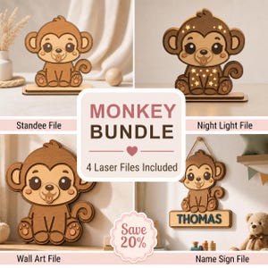 Può includere: Un pacchetto digitale di quattro disegni di scimmia tagliati al laser che include un supporto, una luce notturna con stelle, decorazioni da parete e un cartello con il nome THOMAS. Il grafico centrale mostra il testo MONKEY BUNDLE.