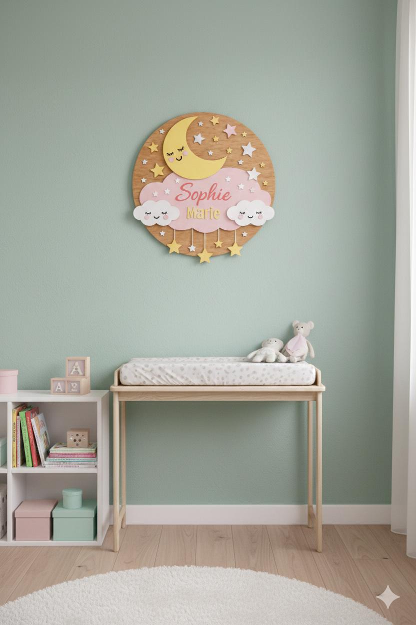 Nursery Name Sign Laser Cut File • Moon Cloud Stars • Girl/pink • SVG ...