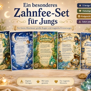 May include: A Tooth Fairy set for boys featuring five illustrated templates with themes including dragons, space, dinosaurs, pirates, and a castle. The set includes text in German, a small white ceramic tooth figurine, a blue pouch, and gold coins.