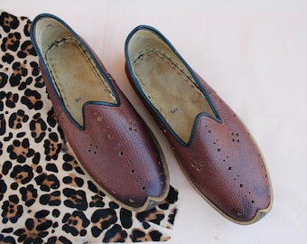Madder Dye Brown %100 Calf Leather Rustic Shoes - Handmade Slip Ons - Reenact Renaissance Fairs Boots Women and Men Flats - Gift for Her Him