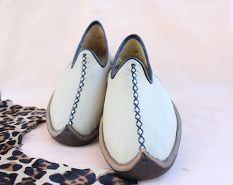 Creme Calf Leather Traditional Shoes Non Synthetic Natural Slip Ons Women Sandals Men Flats House Slippers Gifts for Her Him - Tamgacci