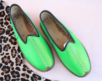 Jungle Green Leather Ottoman Shoes - Turkish Slip Ons Women Sandals Men House Slippers - Gift for Him Her Tamgacci
