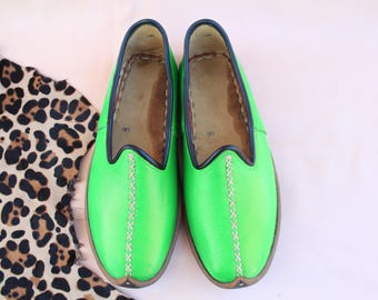 Forest Green Leather Turkish Shoes - Grounding Slip Ons Women Sandals Men House Slippers - Gift for Him Her Tamgacci