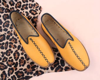 Sun Yellow Handmade Leather Shoes Grounding Slip Ons Women Men House Slippers Gift for Him Her Tamgacci