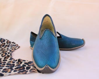 Traditional Painted Green Shoes - Leather Handmade Turkish Slip Ons - Reenact LARP  Renaissance Fairs Boots - Women Men - Gift for Her Him