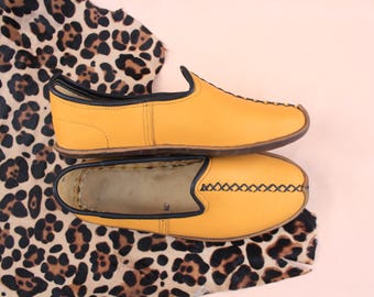 Sunset Yellow Leather Earthing Shoes Artisan Turkish Slip Ons Women Men Handmade House Slippers Gift for Him Her Tamgacci