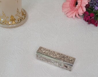 1940s Sterling Silver Lipstick Case With Pop Up Mirror and Deeply Etched Design