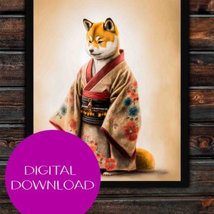 Shiba Inu in a kimono, Shiba monk, traditional clothing, printable dog wall art, digital art