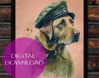 Labrador Retriever Armee Foto, Labrador Retriever in Uniform, Labrador Retriever druckbare Wandkunst, Labrador Retriever Portrait