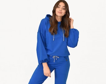 Women's two piece Hoodie Tracksuit Blue Women Sweatshirt Outfits for Women Loungewear Women Warm Hoodie and Pants Set