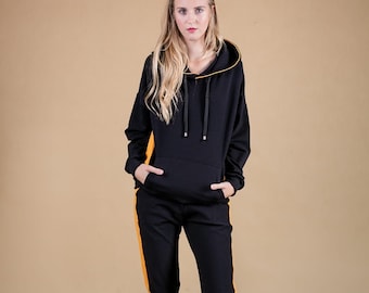 Women's Two piece Hoodie Tracksuit Women Sweatshirt Outfits for Women Loungewear black with orange lampass Tracksuit with Lampass