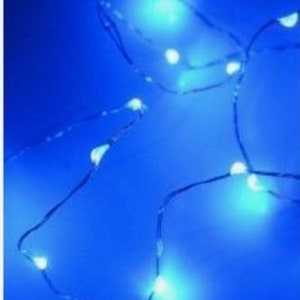 May include: A string of blue fairy lights with white bulbs, arranged in a decorative pattern.