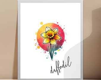 Spring Daffodil Wall Art Print, Yellow Floral Digital Download, Botanical Illustration, Nature Inspired Home Decor, Printable Artwork