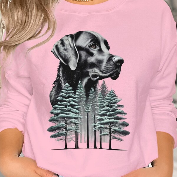 Forest Dog T-Shirt, Black Lab Nature Graphic Hoodie, Pine Tree Coffee Mug, Wilderness Dog, Outdoor Sweatshirt Design