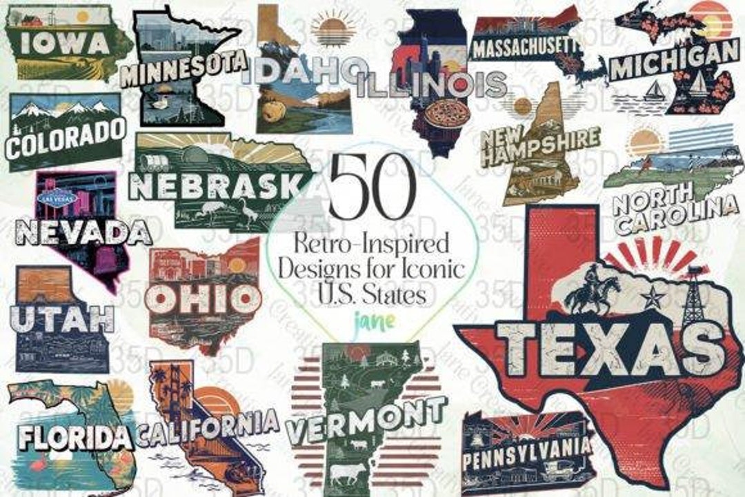 50 Retro-inspired State Designs, Vintage US State Digital Art, Digital ...