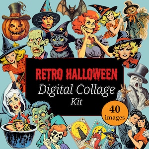Retro Halloween Digital Collage Pack PNG Witches Pumpkins Vintage scrapbooking clipart scary skeletons