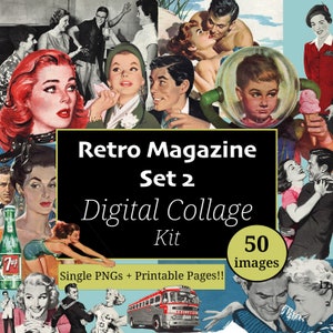 Pacchetto rivista collage digitale retrò 2 PNG scrapbooking anni '60 anni '70