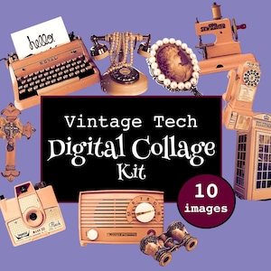 Vintage Digital Collage Pack retro technology, typewriter, camera, telephone, VTG scrapbooking collage kit