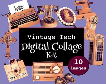 Könnte beinhalten: Ein digitales Collage-Kit mit 10 Vintage-Tech-Bildern, darunter eine Schreibmaschine, ein Drehwahltelefon, eine Nähmaschine, ein Radio, ein Fernglas, ein Kreuz, eine Kamera, eine Telefonzelle und eine Perlenkette. Der Text "Vintage Tech Digital Collage Kit" und "10 images" ist im Bild enthalten.