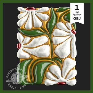May include: A 3D rendered image of a white flower with green leaves on a yellow background. The flower has a textured surface and red accents.