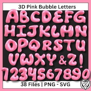 Letras do alfabeto de bolhas rosa 3D, clipart, arquivos SVG, arquivos PNG, letras pop, gráficos digitais para download instantâneo em formato PNG para uso comercial