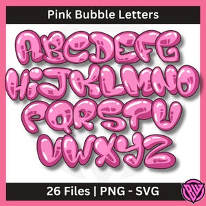 ピンクのバブルアルファベット | グラフィティ文字 | 印刷可能なフォント | クリップアート | DIY | デジタルプリント | SVGファイル | PNGファイル | 即時ダウンロード