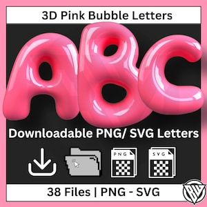 3D Pink Bubble Alphabet Letters,commercial use,Fun 3D Pink Bubble Letters perfect for digital art, t-shirt designs, crafts, and classroom decor. Includes 38 high-res SVG & PNG files ready for download. Great for DIY projects, printable letters, and creative design work. Ideal for artists, crafters, and teachers! Bubble Letters, Graffiti Font, Digital Download, SVG Letters, Clip Art Alphabet, Pink Font, DIY Craft Letters, Printable Alphabet, PNG Letters.