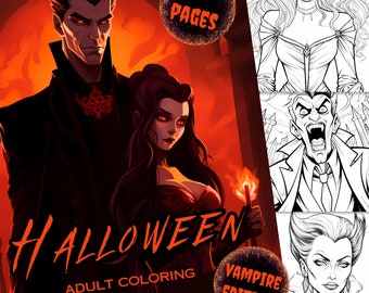 Puede incluir: Un libro para colorear para adultos con temática de Halloween. La portada presenta una pareja de vampiros en un esquema de color rojo y negro. El título "HALLOWEEN ADULT COLORING VAMPIRE EDITION" se muestra en la portada. El libro tiene 30 páginas.