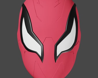 May include: A red and black plastic mask with a stylized design resembling a spider. The mask has white eye openings.