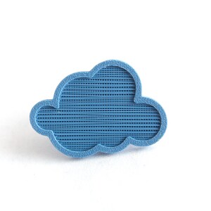 May include: A blue cloud-shaped button with a textured surface.
