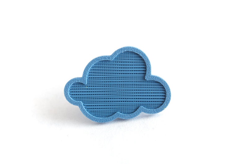 May include: A blue cloud-shaped button with a textured surface.