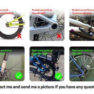 May include: A guide to installing a bike rack on different types of bikes. The images show examples of bikes where the rack can and cannot be installed. The text in the images explains the reasons why the rack can or cannot be installed.  The text also includes the recommended wheel size for the rack.  The last image shows a green tick and the text "Contact me and send me a picture if you have any questions!"
