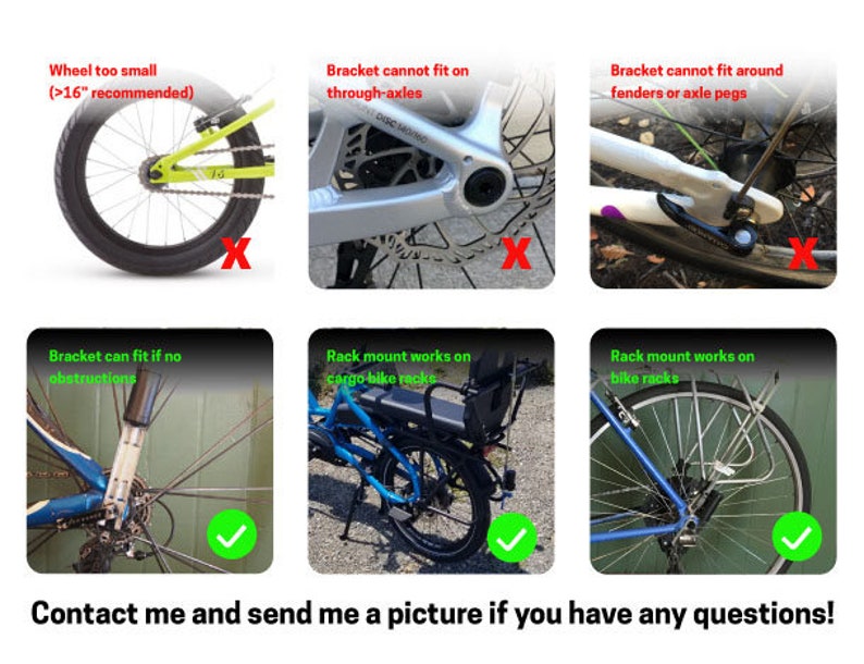 May include: A guide to installing a bike rack on different types of bikes. The images show examples of bikes where the rack can and cannot be installed. The text in the images explains the reasons why the rack can or cannot be installed.  The text also includes the recommended wheel size for the rack.  The last image shows a green tick and the text "Contact me and send me a picture if you have any questions!"