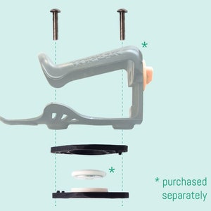This image shows an "exploded" view of the hidden AirTag holder: Screws, plastic parts AirTag and biodegradable gasket.  Shown under bike water bottle cage.