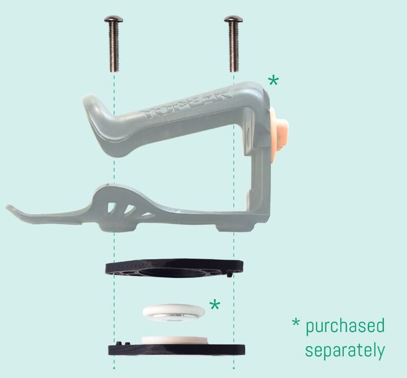 This image shows an "exploded" view of the hidden AirTag holder: Screws, plastic parts AirTag and biodegradable gasket.  Shown under bike water bottle cage.