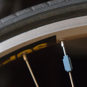May include: Close-up of a bicycle wheel with silver spokes and a black tire. A blue spoke reflector is visible on one of the spokes.