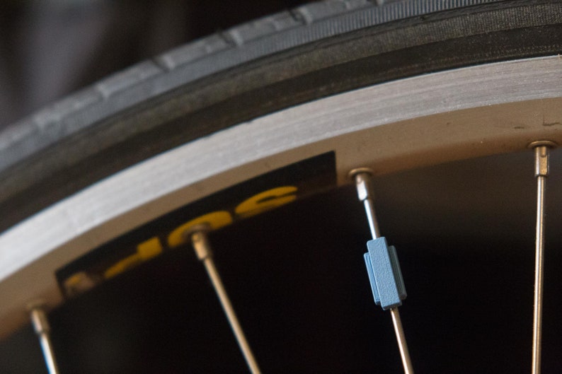 May include: Close-up of a bicycle wheel with silver spokes and a black tire. A blue spoke reflector is visible on one of the spokes.