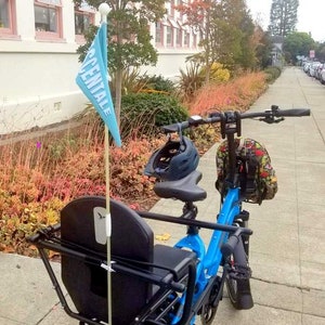 May include: A blue electric bicycle with a child seat and a backpack attached to the handlebars. The bicycle has a flag attached to the back that says "CENTALE".