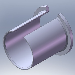May include: A silver metal pipe fitting with a split ring design. The ring is open on one side and closed on the other.
