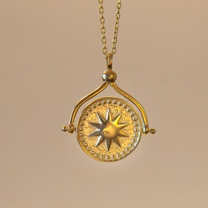 Celestial Gold Pendant Necklace, Sun and Moon Medallion, Rotating Charm,  Sterling Silver Jewelry, Round Pendant, Graduation Gift For Her
