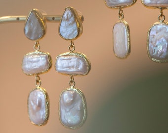 Pendientes de perlas barrocas de agua dulce naturales, pendientes colgantes de perlas colgantes largos, pendientes de regalo elegantes, pendientes de declaración, joyería nupcial