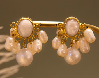 Moonstone Stud Earrings, Freshwater Pearls Drop Dangle Earrings, Gemstone Earrings, Bridal Earrings, Valentines Gift For Her