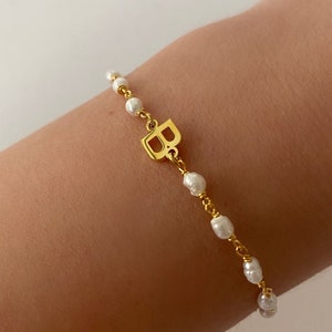 Pearl Beaded Initial Bracelet, Pearl Sterling Silver Bracelet, Mini Pearl Bracelets, Birthstone Bracelet, Valentines Gift For Her image 1