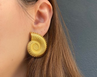 SeaShell Earrings, Shell Stud Earrings, Big Gold Chunky Earrings, Statement Earrings, Large Stud Earrings For Her, Handmade Jewelry Gift