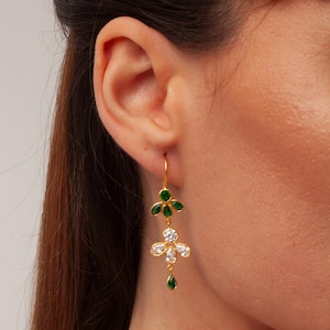 Flower Design Crystal Earrings, Sterling Silver Earrings, Dangle Drop Minimalist Earrings, Unique Handmade Jewelry Gift For Her