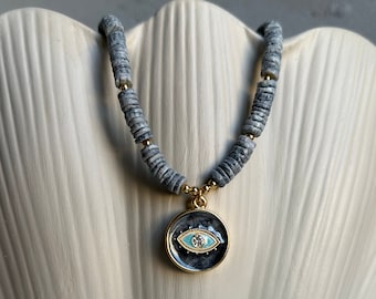 Evil Eye Protection Necklace, Natural Mother of Pearl Beaded Necklace, Blue Evil Eye Necklace, Unique Handmade Gift